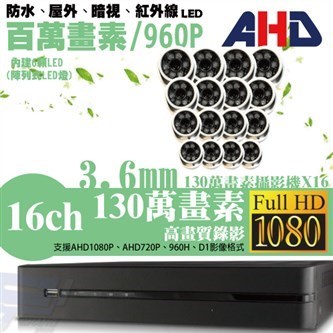 ►高雄監視器安裝 130萬高畫素 720P ◄16路16鏡 半球型 6LED 套裝DIY組 1